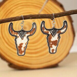 Cow Bull Steer Earrings Faux Cowhide Hair Western Cowboy Rodeo Texas Long Horn